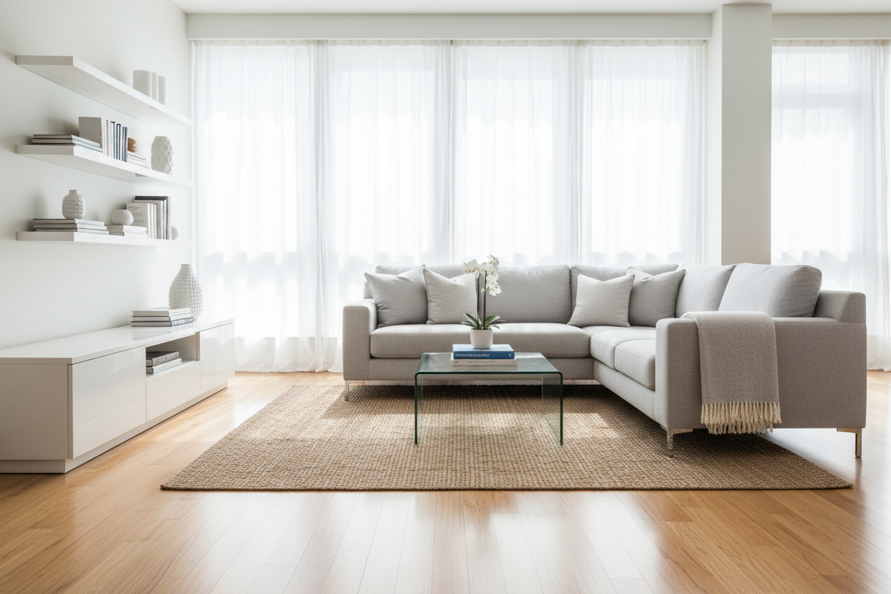 Clean and organized modern living room showcasing standard cleaning services