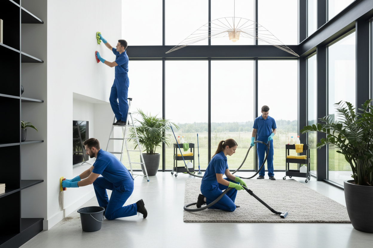 Professional cleaning team performing detailed deep cleaning services